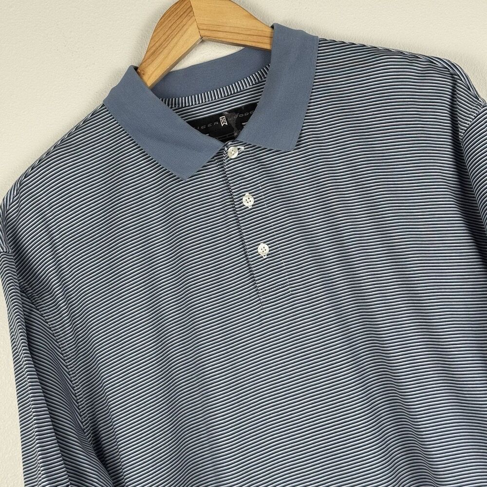 Vintage Y2K Nike Golf Polo Mens Large Blue Striped Cotton Crest Logo Tiger Woods